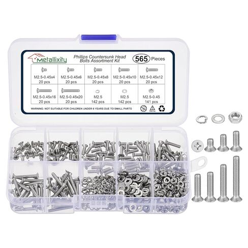 مجموعة متنوعة من صامولة الماكينة من ميتاليكسيتي فيليبس (M4-0.7) 300 قطعة، طقم براغي أدوات برأس مسطح من الفولاذ المقاوم للصدأ مع غسالات زنبركية مسطحة - للتثبيت المعدني الداخلي، فضي in Kuwait