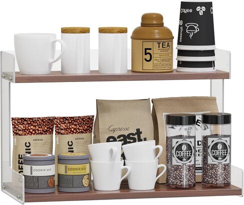 Mug Holder Countertop Coffee Station Organizer, 2 Tier Acrylic Shelf for Coffee Bar Accessories, Multi-Functional Counter Standing Shelf Tea Bags Sugar Condiment Storage Caddy for Kitchen Home Office in Kuwait
