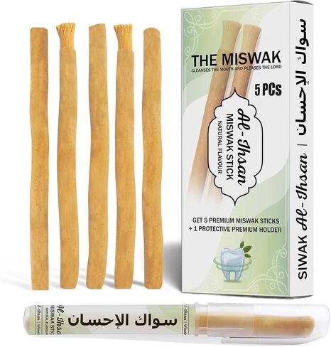 عصا مسواك الإحسان 5 قطع - فرشاة أسنان تقليدية ذات رائحة طبيعية قوية - سواك بيلو مع حامل، سواك محكم الغلق لتنظيف الأسنان والنفس المنعش - مسواك لتنظيف الفم اليومي in Kuwait
