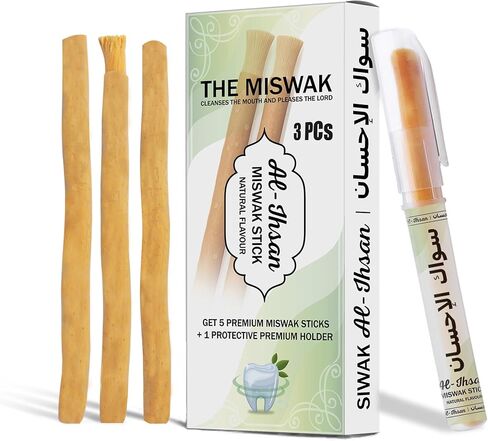 AL-IHSAN Miswak Stick 5 Pieces – Natural Strong Aroma Traditional Toothbrush - Peelu Siwak with Holder, Vacuum-Sealed Sewak for Teeth Cleaning and Fresh Breath - Daily Oral Cleanliness Meswak in Saudi Arabia