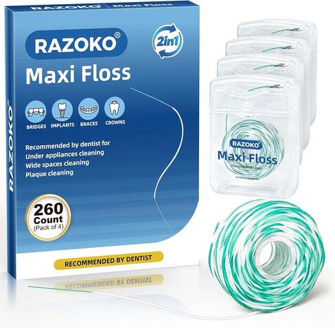 خيط تنظيف الأسنان من رازوكو للأقواس والمزروعات والجسور - 130 خيطًا تم قياسها مسبقًا 2 في 1 خيط تنظيف الأسنان المشمع الموسع للتنظيف العميق، لطيف للبالغين والأطفال، بنكهة النعناع الفاتح in Kuwait