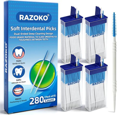 فرش أسنان من السيليكون الناعم من RAZOKO وأعواد أسنان، أعواد أسنان مزدوجة الأطراف للاستعمال مرة واحدة، عدد 280، لطيفة على اللثة، مثالية للأقواس والجسور والمزروعات والحقيبة الصحية المحمولة in Kuwait