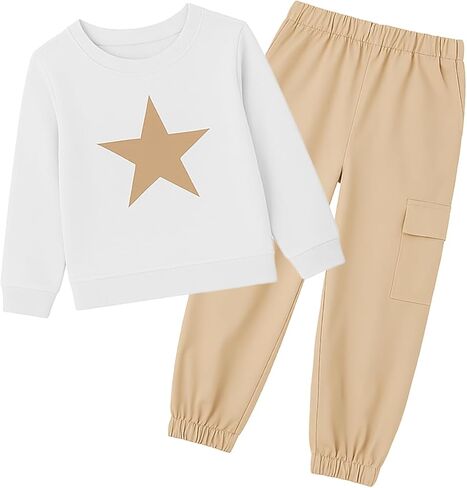 White star print sweatshirt + beige trousers, 4-8 years old girls spring and autumn casual two-piece set in Saudi Arabia