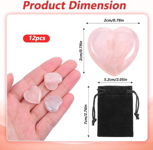 12 Pcs Pink Rose Quartz Heart Crystal Stones, Natural Polished Gemstones Mini Pocket Stones Handcrafted Gemstones for Love Stone with Plush Gift Bag in Saudi Arabia