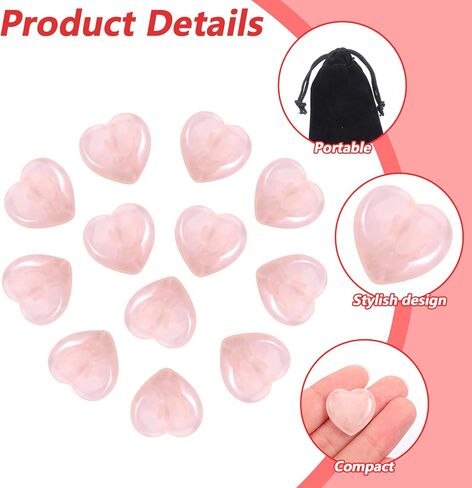 12 Pcs Pink Rose Quartz Heart Crystal Stones, Natural Polished Gemstones Mini Pocket Stones Handcrafted Gemstones for Love Stone with Plush Gift Bag in Saudi Arabia