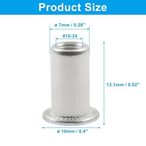 100Pcs #10-24 Rivet Nuts, Aluminum Flat Head Rivnut Knurled Body, Threaded Insert Nut for DIY Projects/Professional in Kuwait