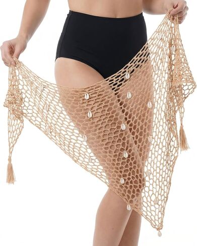 Fish Net Skirt, Crochet Sarong Wraps Cover Up for Women, Fishnet Triangle Shawl Seashell Scarf Skirt for Swimsuits Beach in Saudi Arabia