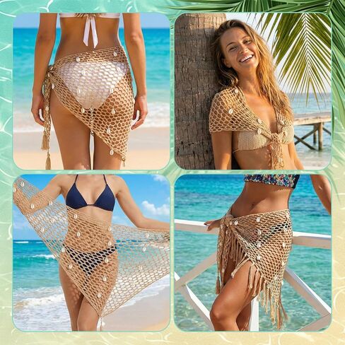 Fish Net Skirt, Crochet Sarong Wraps Cover Up for Women, Fishnet Triangle Shawl Seashell Scarf Skirt for Swimsuits Beach in Saudi Arabia