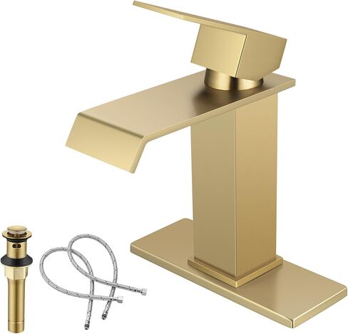 Bathroom Sink Faucet, Black and Gold Color, Waterfall Style, SUS304 Stainless Made, Single-Handle, Deck-Mount Suitable for 1-3-Hole, Drain and Supply Hoses Included in Saudi Arabia