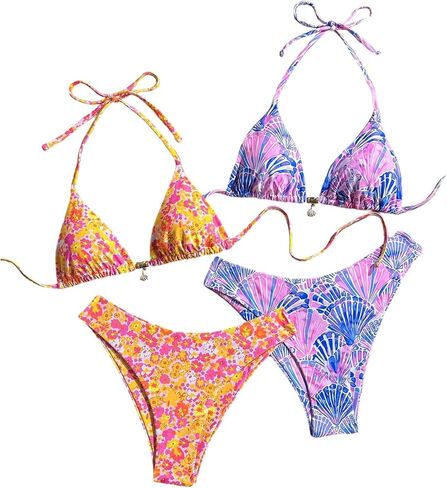 Makemechic Women's 2 Pack Triangle Bikini مجموعة زهرية عالية قطع السباحة بدلة السباحة in Kuwait