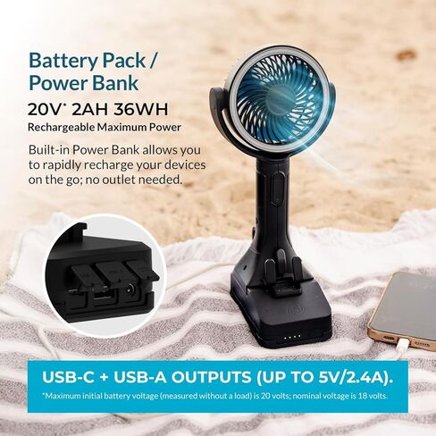 مروحة محمولة قابلة لإعادة الشحن 20 فولت، مروحة خارجية داخلية تعمل ببطارية 18 ميلا في الساعة، بطارية قابلة للتبديل تصل إلى 40 ساعة، ضوء LED، بنك طاقة USB، خطاف إمالة 180 درجة للتخييم، موقع العمل، الرياضة، السفر in Kuwait