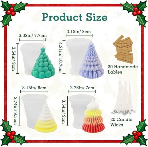 2Pcs Christmas Tree Candle Molds, 3D Silicone Mold for Candle Epoxy Resin Soap Cake Chocolate Making with 20 Wicks & Lables for DIY Xmas Gift Art Craft Home Decoration in Kuwait