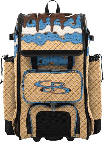Boombah Catchers Superpack Hybrid Rolling Bat Bag - Wheeled & Backpack Version - Ice Cream Monster Cookie Gold/Columbia Blue/Brown in Saudi Arabia