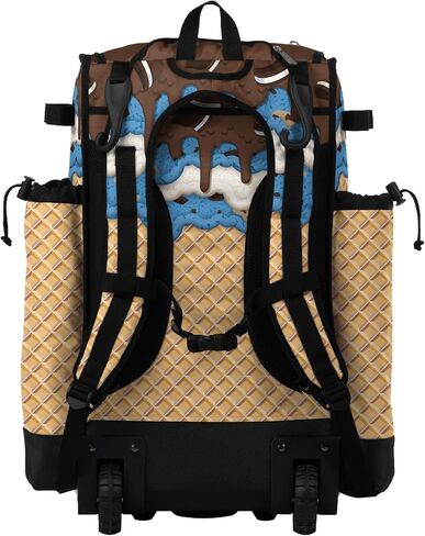 Boombah Catchers Superpack Hybrid Rolling Bat Bag - Wheeled & Backpack Version - Ice Cream Monster Cookie Gold/Columbia Blue/Brown in Saudi Arabia