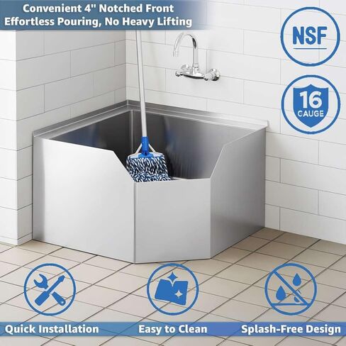 حوض ممسحة زاوية من الفولاذ المقاوم للصدأ شديد التحمل من NSF - حجرة واحدة مع تصريف سلة ومقدمة مسننة in Kuwait
