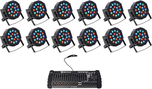 Rockville RockPAR50 Bundle: (12) LED RGB DJ/Club Compact Par Can DMX Wash Lights with Dual Mounting Brackets, ROCKFORCE 384 Channel DMX Lighting Controller with MIDI Control, 13-Items in Saudi Arabia
