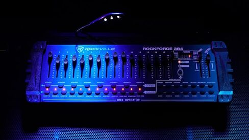 Rockville RockPAR50 Bundle: (12) LED RGB DJ/Club Compact Par Can DMX Wash Lights with Dual Mounting Brackets, ROCKFORCE 384 Channel DMX Lighting Controller with MIDI Control, 13-Items in Saudi Arabia