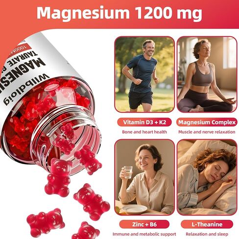 Magnesium Taurate Gummies, 1000mg Complex Magnesium Taurate Glycinate Citrate Gummies -High Absorption & Sugar Free, Muscle,Sleep and Heart Health Support, Vegan, Gluten Free, 60 Counts in Saudi Arabia