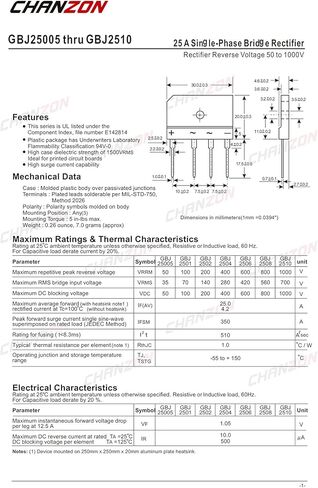 (Pack of 5 Pieces) Chanzon GBJ2510 Bridge Rectifier Diode 25A 1000V GBJ-4 (SIP-4) Single Phase, Full Wave 25 Amp 1000 Volt Electronic Silicon Diodes in Saudi Arabia