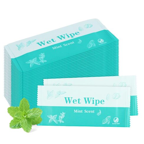 Hand Wipes Individually Wrapped, 50 Pcs Travel Wet Wipes, Alcohol-Free, Gentle for Hands and Face, Suitable for Wedding, Party, Barbecue, Mint Scent in Kuwait