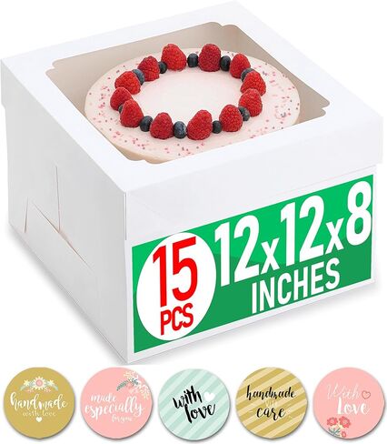12x12x8 Inch Cake Boxes 20 pcs, Large 12 Inch Cake Box with Window for 8 Inch Tall Tiered Bakery Cakes, Pies, Sturdy Square White Cardboard, Cake Decorating Supplies (80 Pcs Stickers) in Saudi Arabia