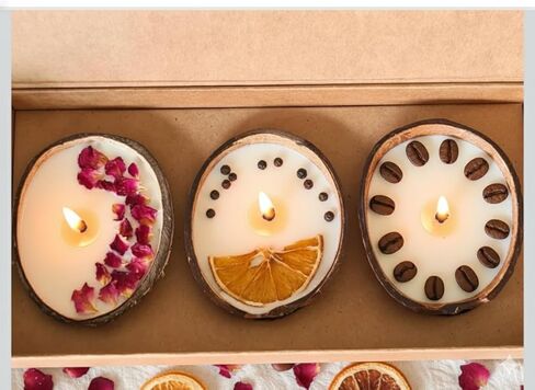 Coconut Shell Soy Wax Candle with Rose, Coffee, Spice Scented, Gift Set in Saudi Arabia