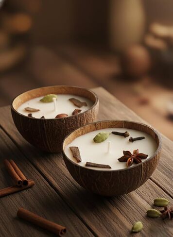Coconut Shell Soy Wax Candle with Rose, Coffee, Spice Scented, Gift Set in Saudi Arabia