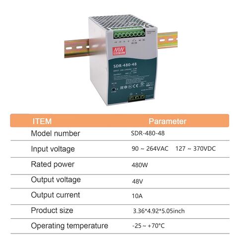 SDR-480-48 480W 48V 10A مصدر طاقة صناعي عالي الطاقة - قوي وموثوق لتطبيقات المعدات الكهروميكانيكية المطلوبة، حامل السكك الحديدية DIN in Kuwait