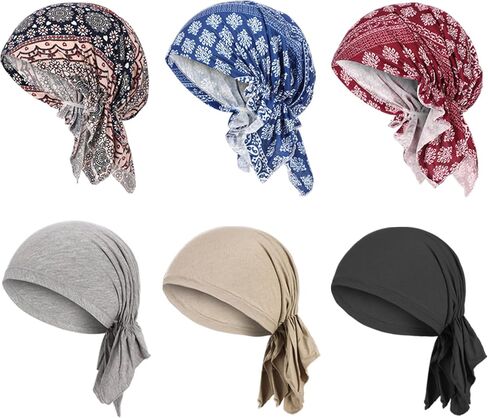 6 Pcs Womens Pre-Tied Head Scarves Slip On Chemo Headwear Turbans Beanie Caps Head Wrap Headscarf Multi in Kuwait