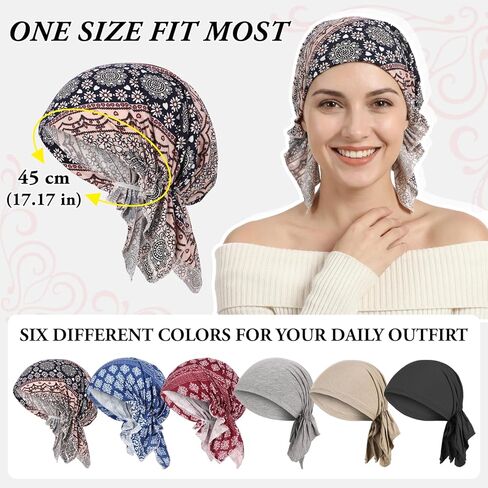 6 Pcs Womens Pre-Tied Head Scarves Slip On Chemo Headwear Turbans Beanie Caps Head Wrap Headscarf Multi in Kuwait