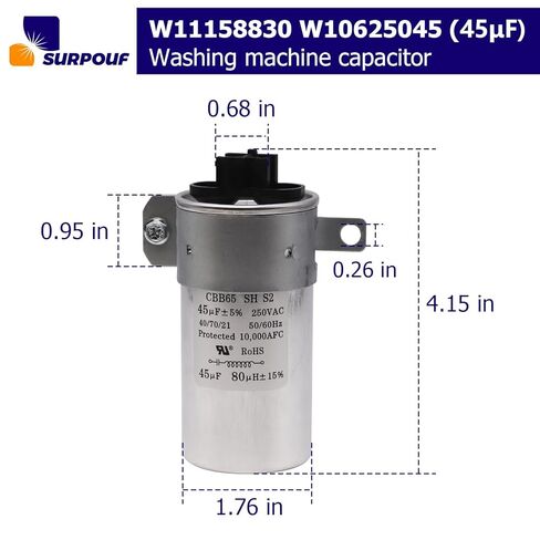 W11158830 W10625045 (45μF) Washer Capacitor Compatible with Whirlpool Kenmore Maytag Amana Roper, Replacement WPW10625045 W10390451 W10866249 in Saudi Arabia