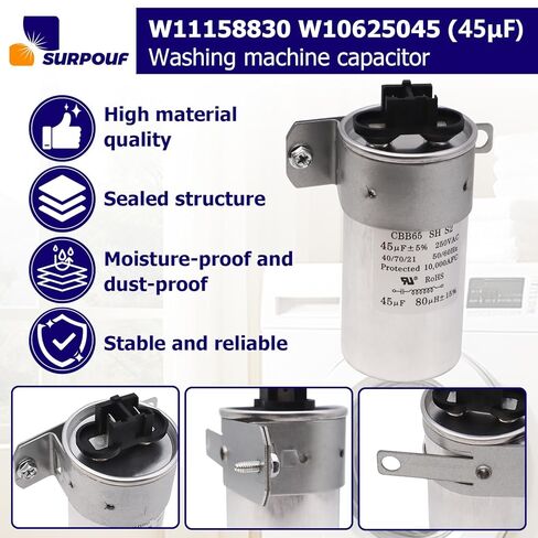 W11158830 W10625045 (45μF) Washer Capacitor Compatible with Whirlpool Kenmore Maytag Amana Roper, Replacement WPW10625045 W10390451 W10866249 in Saudi Arabia