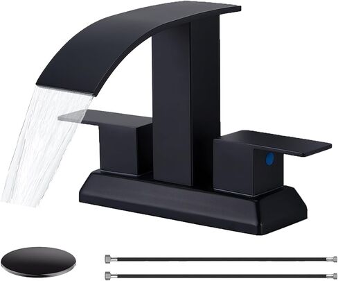 SHACO Black Bathroom Faucet, 4 Inch Centerset Bathroom Faucet 3 Hole, Matte Black 2 Handle Waterfall Bathroom Sink Faucet with Pop Up Drain and Supply Hoses, SC-ZTS004B-NEW in Saudi Arabia