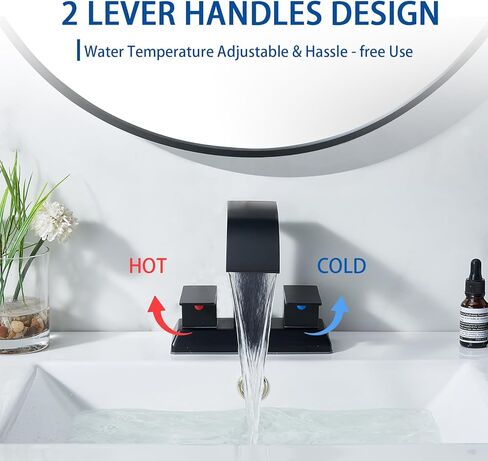 SHACO Black Bathroom Faucet, 4 Inch Centerset Bathroom Faucet 3 Hole, Matte Black 2 Handle Waterfall Bathroom Sink Faucet with Pop Up Drain and Supply Hoses, SC-ZTS004B-NEW in Saudi Arabia