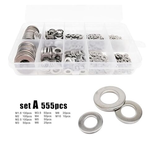 555/1035pcs M1.6 M2 M2.5 M3 M3.5 M4 M5 M6 M8 M10 M12 M16 304 A2 Stainless Steel Flat Washer Assortment Kit Plain Gasket Set in Saudi Arabia