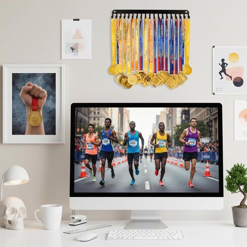 4 عبوات حامل ميدالية عرض شماعات مع 20 خطافًا مثبتة على الحائط حامل ميدالية معدنية رياضية للجري في الماراثون والجمباز وكرة القدم المصارعة باللون الأسود in Kuwait
