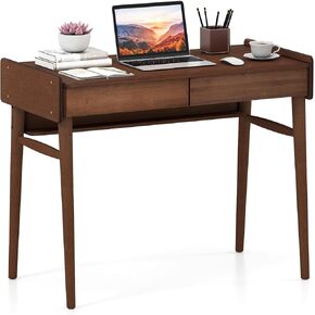 Tangkula Bamboo Mid Century Desk with 2 Storage Drawers, Home Office Study Writing Desk with Shelf & Cable Management Groove, Home Office Desk for Working & Learning (Natural) in Saudi Arabia