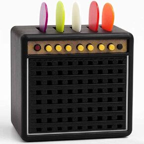 A speaker-style pick storage box, containing 5 randomly colored celluloid picks, suitable as a fun desktop toy and gift for guitar, bass and ukulele players in Saudi Arabia
