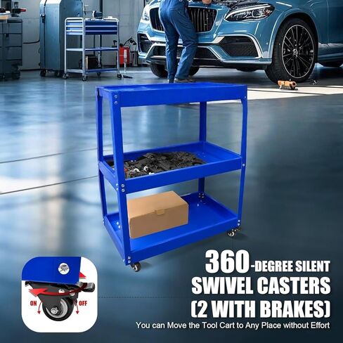 3-Tier Rolling Tool Cart, Blue, 470 LBS Capacity, 360-Degree Silent Swivel Casters with Brakes, Steel in Kuwait