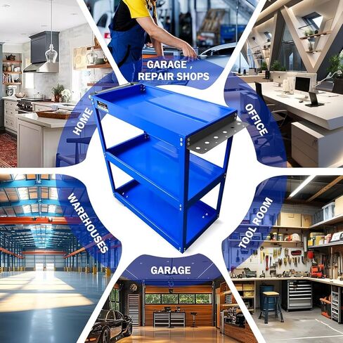 3-Tier Rolling Tool Cart, Blue, 470 LBS Capacity, 360-Degree Silent Swivel Casters with Brakes, Steel in Kuwait