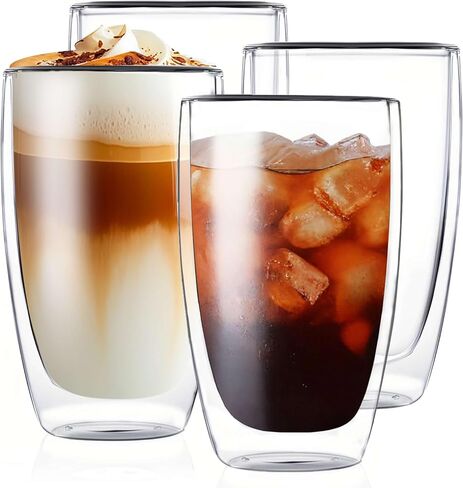 أكواب قهوة زجاجية مزدوجة الجدران سعة 17oz من MESNEY، أكواب قهوة زجاجية كابتشينو لاتيه معزولة شفافة للمنزل والمقهى والمطعم، أكواب شرب متينة قابلة للتكديس in Kuwait