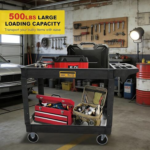 Torin Utility Service Cart, 2-Shelf 500LBS Heavy Duty Plastic Rolling Utility Cart with 360° Swivel Wheels, Lipped Shelves, Ergonomic Storage Handle for Warehouse/Garage/Cleaning/Manufacturing in Saudi Arabia