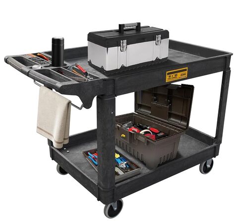 Torin Utility Service Cart, 2-Shelf 500LBS Heavy Duty Plastic Rolling Utility Cart with 360° Swivel Wheels, Lipped Shelves, Ergonomic Storage Handle for Warehouse/Garage/Cleaning/Manufacturing in Saudi Arabia