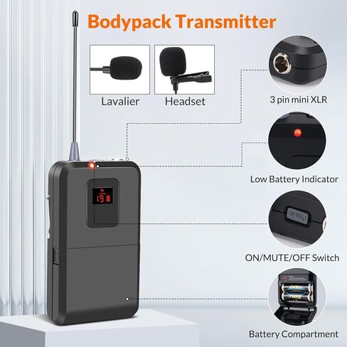 نظام ميكروفونات لاسلكية innopow 200 قناة، ميكروفون Lavalier لاسلكي، مجموعة نظام ميكروفون لاسلكي مزدوج UHF Bodypack، مسح تلقائي، مدى طويل 200-240 قدم، 16 ساعة مثالية للكنيسة (أسود) in Kuwait