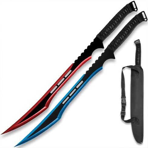 Fire and Ice Twin Sword Set with Black Nylon Double Sheath | Two Fantasy Swords | Fire with Red Accents | Ice with Blue Accents | 19 1/2" Stainless Steel Blades | Comfortable Rope-Wrapped Handles in Kuwait