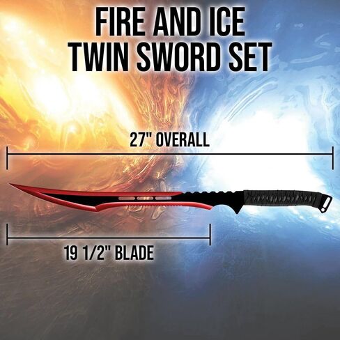 Fire and Ice Twin Sword Set with Black Nylon Double Sheath | Two Fantasy Swords | Fire with Red Accents | Ice with Blue Accents | 19 1/2" Stainless Steel Blades | Comfortable Rope-Wrapped Handles in Kuwait