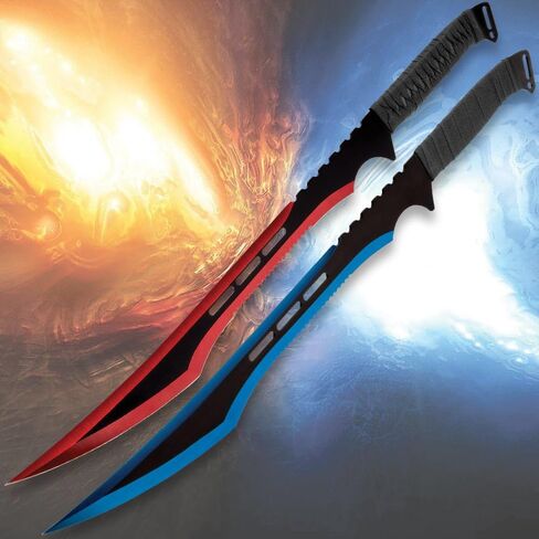 Fire and Ice Twin Sword Set with Black Nylon Double Sheath | Two Fantasy Swords | Fire with Red Accents | Ice with Blue Accents | 19 1/2" Stainless Steel Blades | Comfortable Rope-Wrapped Handles in Kuwait