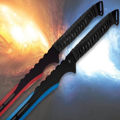 Fire and Ice Twin Sword Set with Black Nylon Double Sheath | Two Fantasy Swords | Fire with Red Accents | Ice with Blue Accents | 19 1/2" Stainless Steel Blades | Comfortable Rope-Wrapped Handles in Kuwait