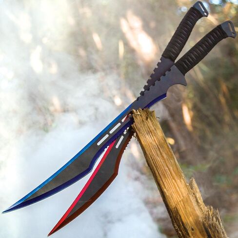 Fire and Ice Twin Sword Set with Black Nylon Double Sheath | Two Fantasy Swords | Fire with Red Accents | Ice with Blue Accents | 19 1/2" Stainless Steel Blades | Comfortable Rope-Wrapped Handles in Kuwait