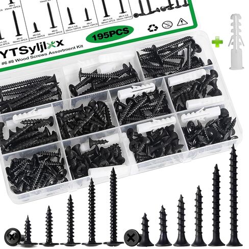 #6#8 Black Wood Screws Assortment Kit,Black Drywall Screws for Wood,Flat Head & Phillips Truss Head Self Tapping Screws for Wood,Sheetrock(195PCS) in Saudi Arabia